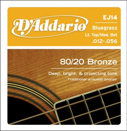 D'Addario 12-56 Light Top/Medium Bottom Bluegrass, 80/20 Bronze Acoustic Guitar Strings