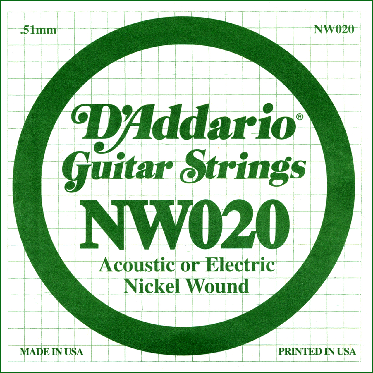 D'Addario  NW020 Nickel Wound Electric Guitar Single String, .020