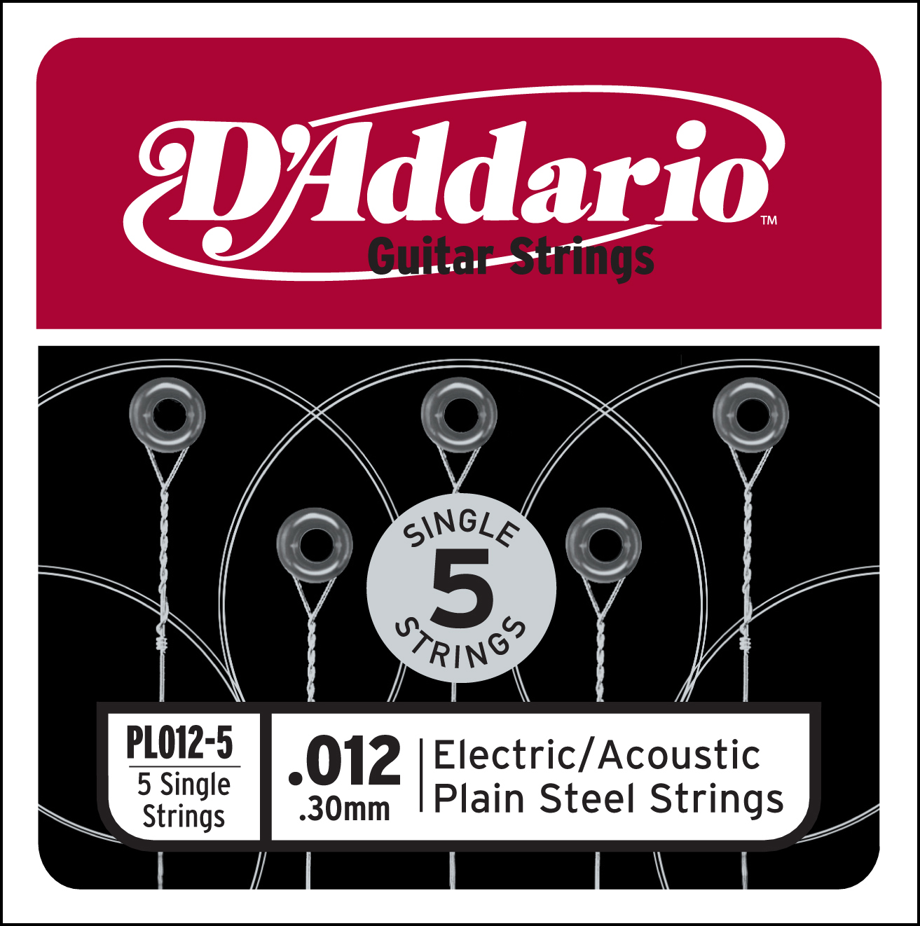 D'Addario  PL012-5 Plain Steel Guitar Single String, .012 5-pack