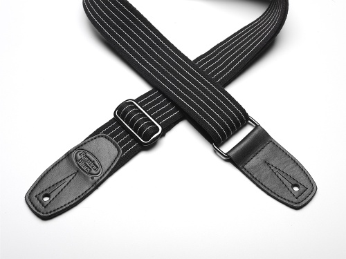 Reunion Blues Merino Wool Guitar Strap, Black, White Pinstripe, w/Classic Black Leather Tab