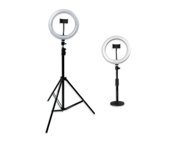 Set Of Two (2) Height-adjustable Stands With Pivoting Led Ring Lights And Universal Pho