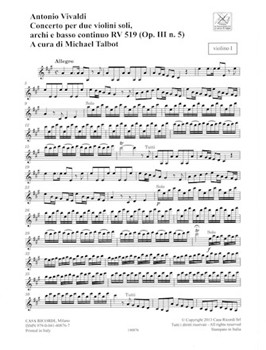 Concerto in A Major for 2 Violins Strings and Basso Continuo - RV519 (Op. 3 No. 5) by Vivaldi Antonio Lucio for Parts