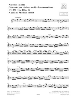 Concerto D Major Violin Strings Continuo Rv230 (op. 3 No. 9) Parts by Vivaldi Antonio Lucio for Parts