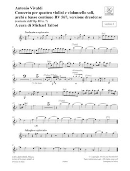 Concerto F Major 4 Violins Violoncello Strings Continuo Rv567 (op. 3 No. 7) Parts by Vivaldi Antonio Lucio for Parts