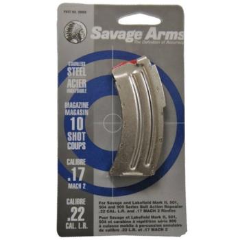 90008 The Savage MKII magazine is a standard replacement magazine. This magazine is for .22 Long Rifle and .17 Mach 2. It holds 10 rounds, is made of stainless steel.