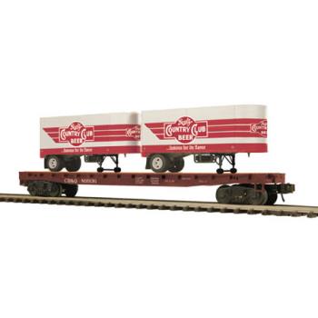 Mikes Train Hou MTH2095125 O Flat w/2 PUP Trailers, Goetz Country Club Beer