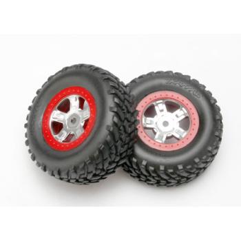 TRAXXAS TRA7073A SCT Pre-Mounted Tires & Wheels w/Red Beadlock (Satin Chrome) (2) 1/16