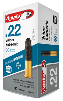44419 Aguila 1B220112 Sniper Subsonic  22 LR 60 gr 950 fps Lead Solid Point 50 Bx/20 C