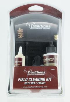 TRADITIONS 52064 Traditions Field Cleaning Kit With Belt Pouch. Includes: Dry Cleaning Patches, Bronze Brush, Gun cleaning Cloth, Traditions Supreme Loading/Cleaning Jag, Ez Clean 2 Breech Plug Grease, EZ Clean 2 Cleaning Solvent. A3859