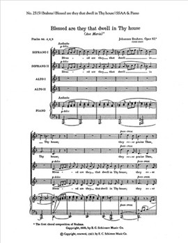 Blessed Are They That Dwell In Thy House by Brahms Johannes for SSAA
