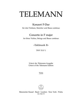 Concerto for three Violins Strings and Basso Continuo F major TWV 53:F1 (Tafelmusik II) by Telemann Georg Philipp for