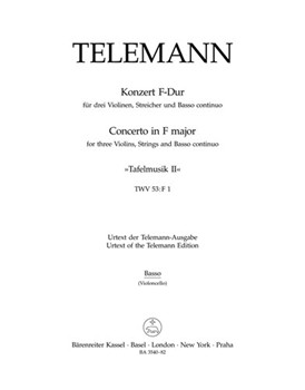 Concerto for three Violins Strings and Basso Continuo F major TWV 53:F1 (Tafelmusik II) by Telemann Georg Philipp for