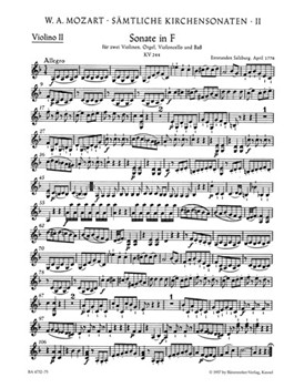 Complete Church Sonatas Volume 2 - Five Sonatas for two Violins Organ Violoncello and Bass- by Mozart Wolfgang Amadeus for