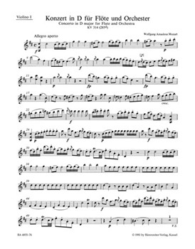 Concerto for Flute and Orchestra D Major K 314 (285d) by Mozart Wolfgang Amadeus for Violin 1 Part