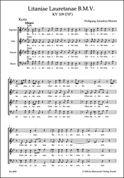 Litaniae Lauretanae B. M. V. B-flat major K. 109 (74e) by Mozart Wolfgang Amadeus - Focke Martin - for SSolo/ASol