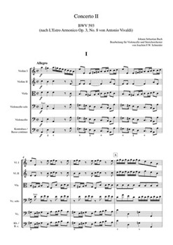 Concerto for Violoncello Strings and Basso continuo A minor (after BWV 593) by Bach Johann Sebastian - Schneider Joachim F - for Vc-Solo/2V