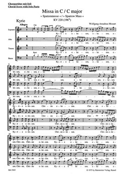 Missa C major K. 220 (196b) "Sparrow Mass" by Mozart Wolfgang Amadeus for SSolo/ASol