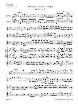 Concerto for Two Violins (Flute and Violin) Viola and Basso Continuo A major TWV 43:A4 by Telemann Georg Philipp for