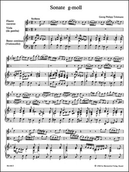 Sonata for Flute Viola (Viola da Gamba) and Basso Continuo G minor TWV 42:g7 by Telemann Georg Philipp for Fl/Va/Vaba