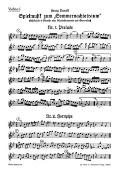 Spielmusik zum Sommernachtstraum fur Streicher (statt Viola auch Violine III) und Basso continuo/ Bl by Purcell Henry for