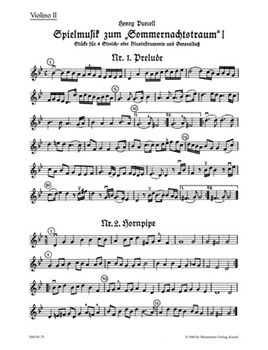 Spielmusik zum Sommernachtstraum fur Streicher (statt Viola auch Violine III) und Basso continuo/ Bl by Purcell Henry for