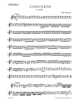Konzert fur Treble Recorder Flote Streicher und Basso continuo e-Moll TWV 52:e1 by Telemann Georg Philipp for