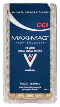 A0023 CCI AMMO MAXI-MAG .22WMR 1875FPS. 40GR. FMJ SOLID 50PK.