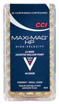 A0024 CCI AMMO MAXI-MAG .22WMR 1875FPS. 40GR. JHP 50-PACK